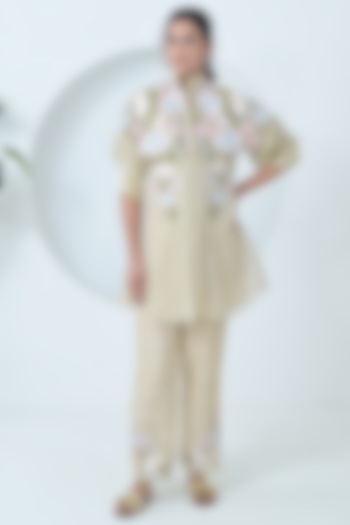 Golden Beige Organza & Bemberg Silk Floral Embroidered Tunic Set by Ruchika and Mallika Pretwear at Pernia's Pop Up Shop