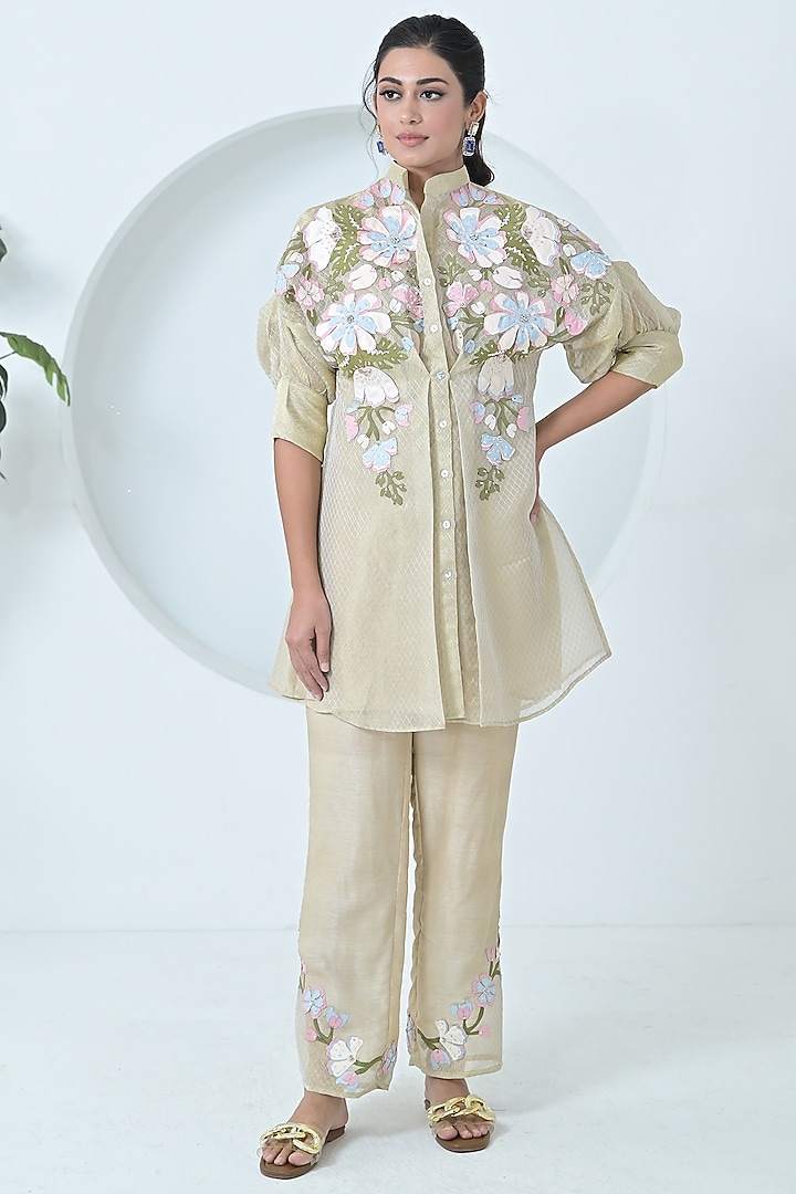 Golden Beige Organza & Bemberg Silk Floral Embroidered Tunic Set by Ruchika and Mallika Pretwear at Pernia's Pop Up Shop