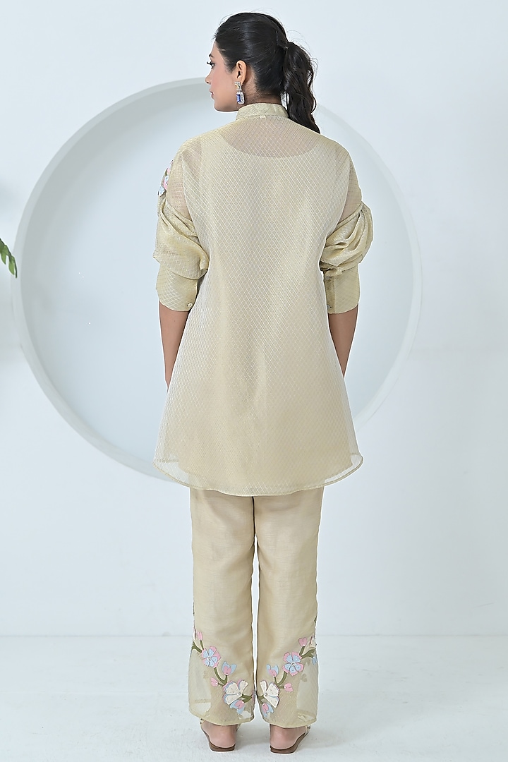 Golden Beige Organza & Bemberg Silk Floral Embroidered Tunic Set by Ruchika and Mallika Pretwear at Pernia's Pop Up Shop