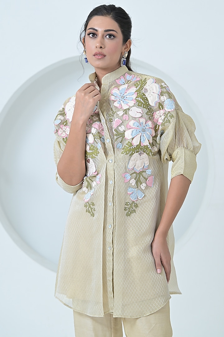 Golden Beige Organza & Bemberg Silk Floral Embroidered Tunic Set by Ruchika and Mallika Pretwear at Pernia's Pop Up Shop