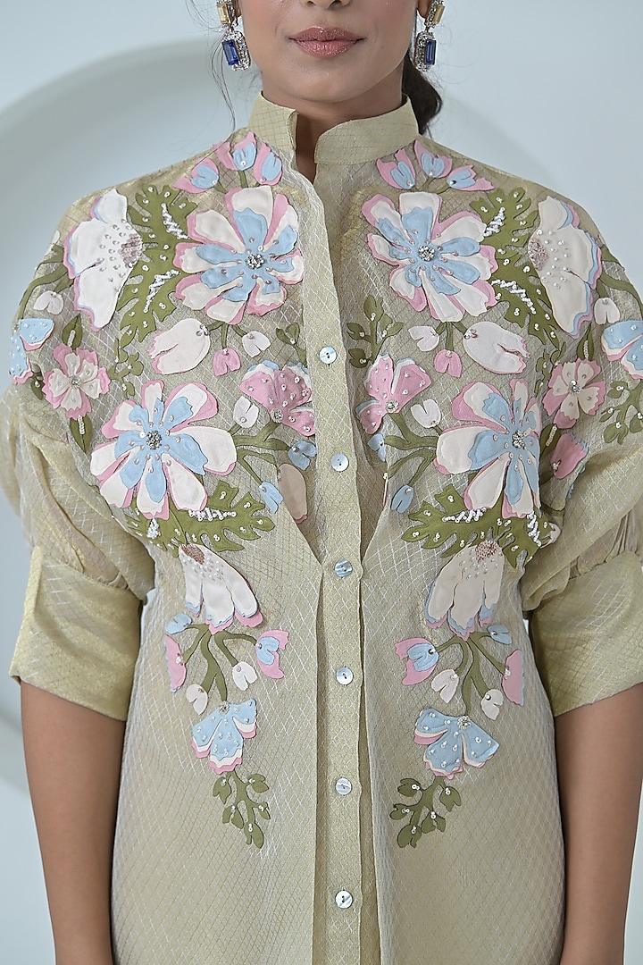 Golden Beige Organza & Bemberg Silk Floral Embroidered Tunic Set by Ruchika and Mallika Pretwear at Pernia's Pop Up Shop