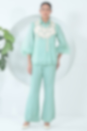 Sea Green Organza & Bemberg Silk Floral Embroidered Co-Ord Set by Ruchika and Mallika Pretwear at Pernia's Pop Up Shop