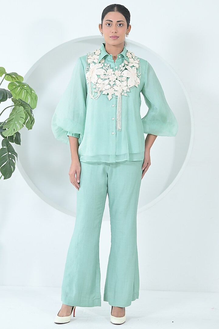 Sea Green Organza & Bemberg Silk Floral Embroidered Co-Ord Set by Ruchika and Mallika Pretwear at Pernia's Pop Up Shop