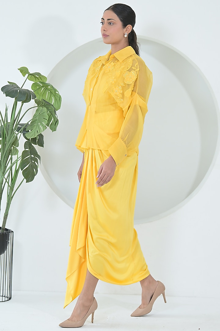 Sun Yellow Organza & Modal Satin Pleated Skirt Set by Ruchika and Mallika Pretwear at Pernia's Pop Up Shop
