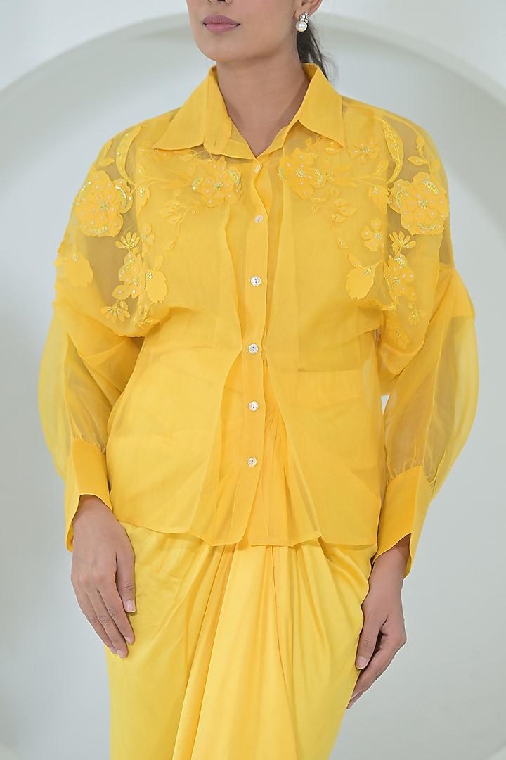 Sun Yellow Organza & Modal Satin Pleated Skirt Set by Ruchika and Mallika Pretwear at Pernia's Pop Up Shop