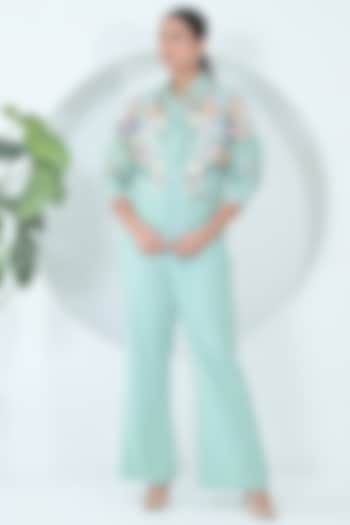 Sea Blue Organza & Linen Co-Ord Set by Ruchika and Mallika Pretwear at Pernia's Pop Up Shop