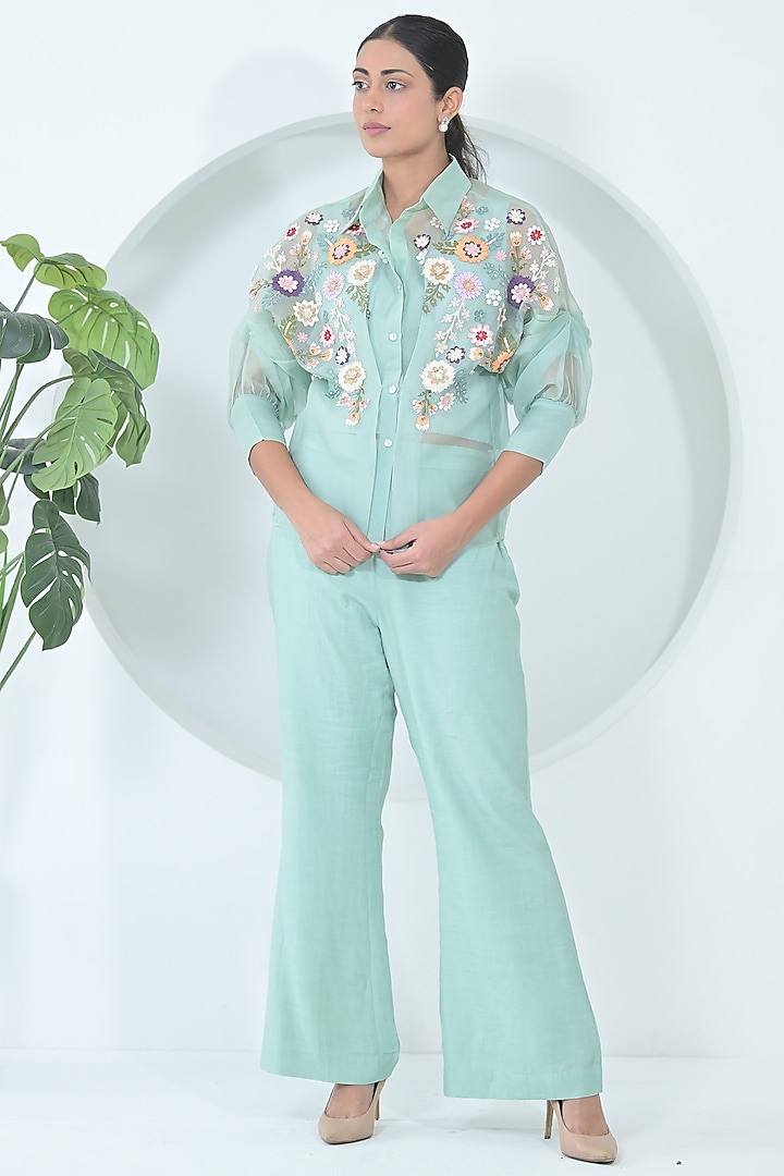 Sea Blue Organza & Linen Co-Ord Set by Ruchika and Mallika Pretwear at Pernia's Pop Up Shop