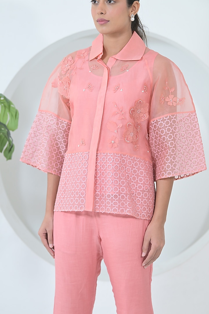Blush Pink Organza & Shantoon Hand Embroidered Co-Ord Set by Ruchika and Mallika Pretwear at Pernia's Pop Up Shop