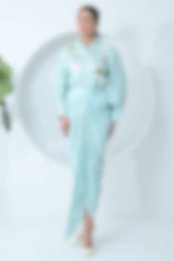 Sea Blue Modal Satin Draped Skirt Set by Ruchika and Mallika Pretwear at Pernia's Pop Up Shop