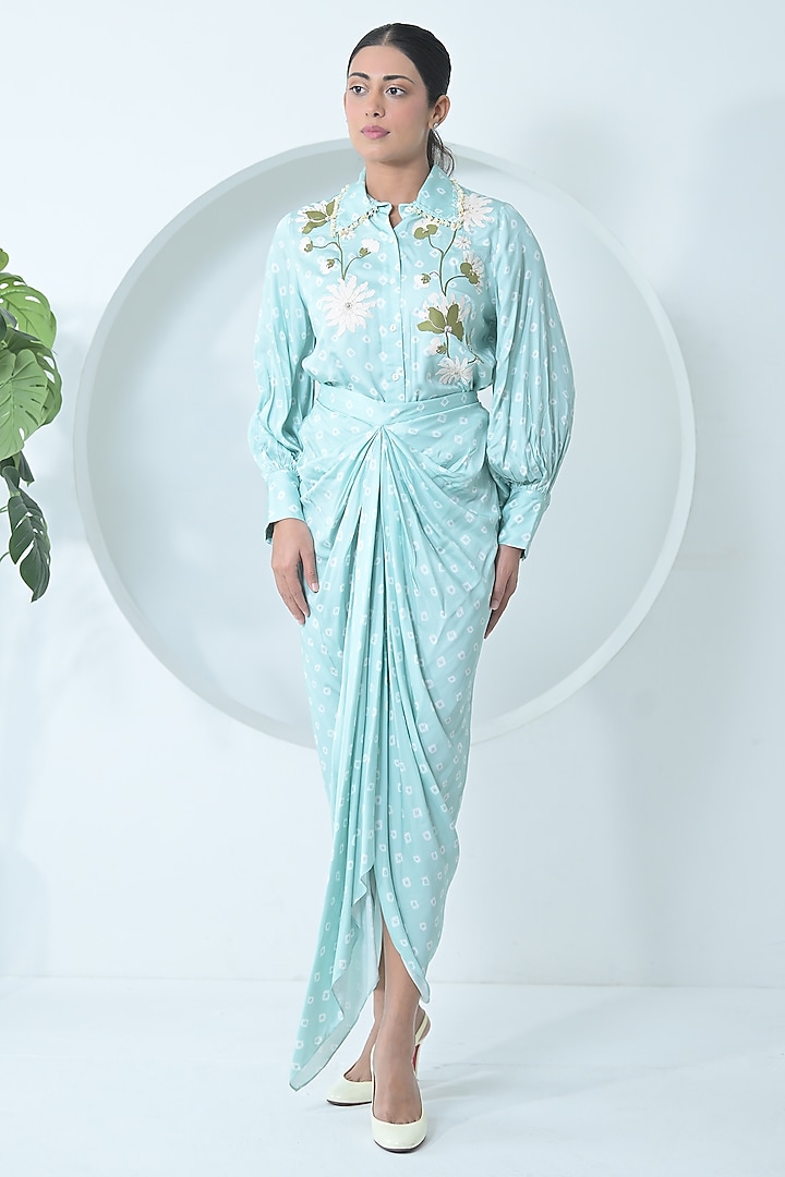 Sea Blue Modal Satin Draped Skirt Set by Ruchika and Mallika Pretwear at Pernia's Pop Up Shop