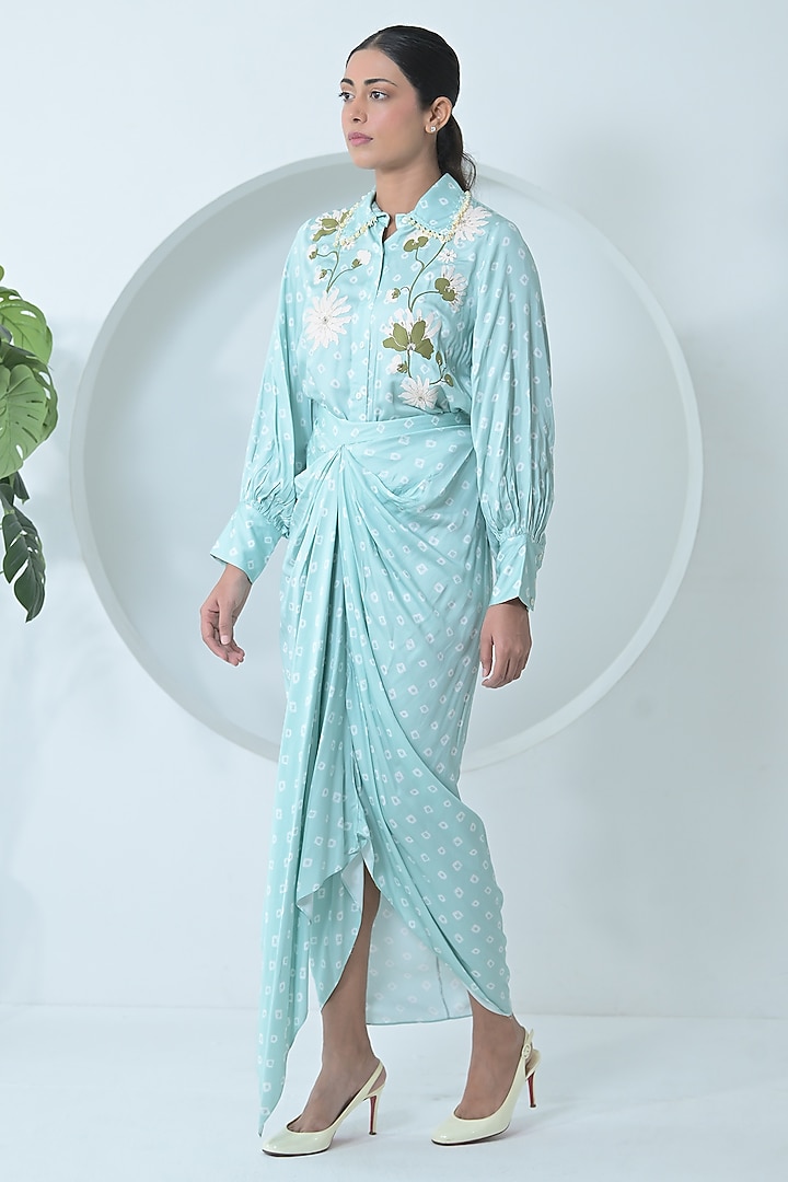 Sea Blue Modal Satin Draped Skirt Set by Ruchika and Mallika Pretwear at Pernia's Pop Up Shop