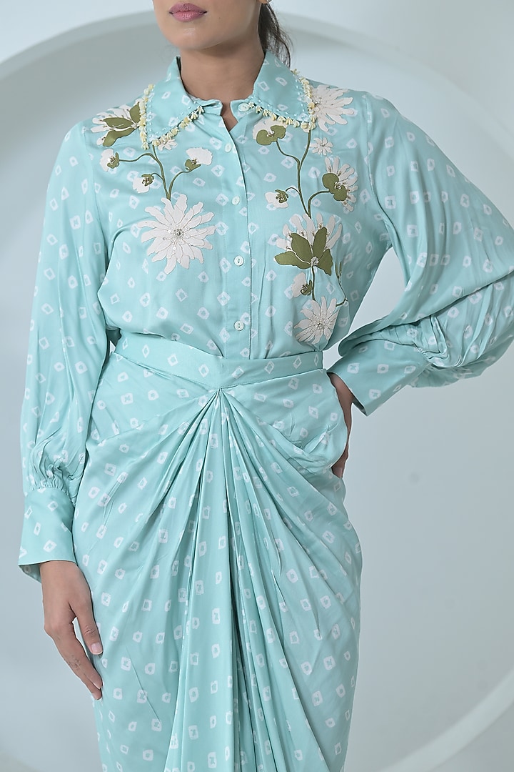 Sea Blue Modal Satin Draped Skirt Set by Ruchika and Mallika Pretwear at Pernia's Pop Up Shop