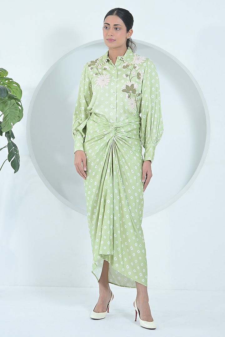 Lime Green Modal Satin Draped Skirt Set by Ruchika and Mallika Pretwear at Pernia's Pop Up Shop
