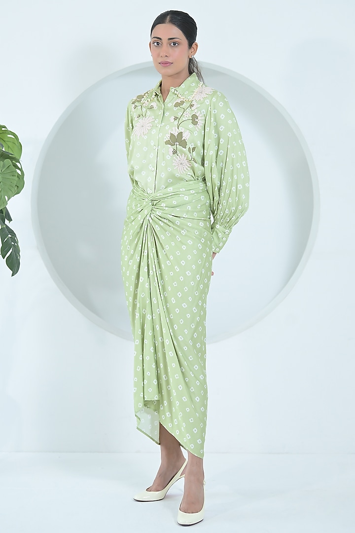 Lime Green Modal Satin Draped Skirt Set by Ruchika and Mallika Pretwear at Pernia's Pop Up Shop