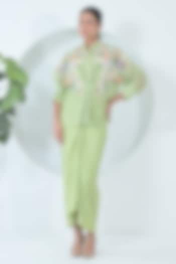 Lime Green Modal Satin Draped Skirt Set by Ruchika and Mallika Pretwear at Pernia's Pop Up Shop