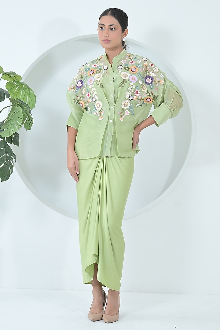 Lime Green Modal Satin Draped Skirt Set by Ruchika and Mallika Pretwear at Pernia's Pop Up Shop