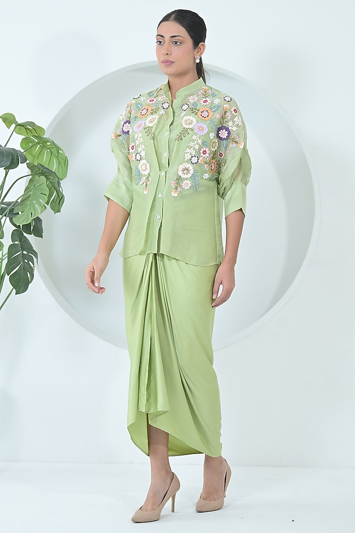 Lime Green Modal Satin Draped Skirt Set by Ruchika and Mallika Pretwear at Pernia's Pop Up Shop