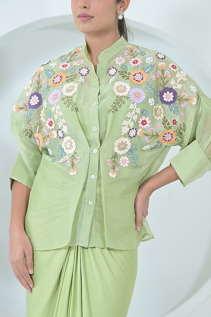 Lime Green Modal Satin Draped Skirt Set by Ruchika and Mallika Pretwear at Pernia's Pop Up Shop