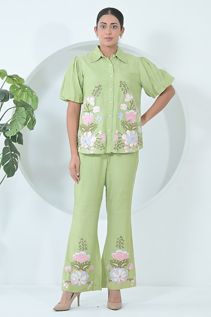 Lime Green Linen Floral Embroidered Co-Ord Set by Ruchika and Mallika Pretwear at Pernia's Pop Up Shop