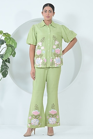Lime Green Linen Floral Embroidered Co-Ord Set by Ruchika and Mallika Pretwear