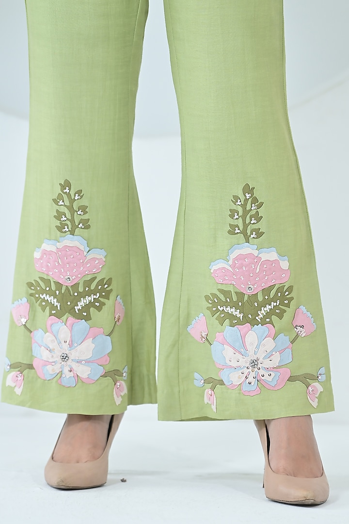 Lime Green Linen Floral Embroidered Co-Ord Set by Ruchika and Mallika Pretwear at Pernia's Pop Up Shop