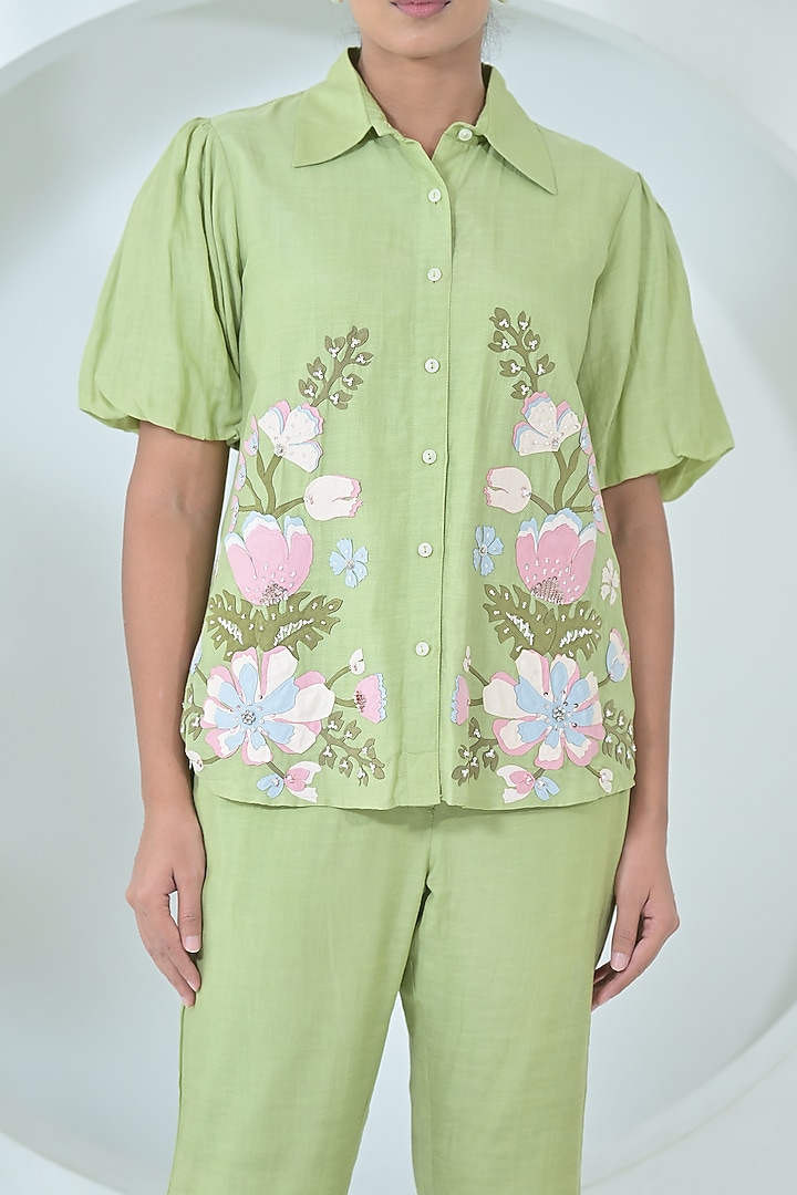 Lime Green Linen Floral Embroidered Co-Ord Set by Ruchika and Mallika Pretwear at Pernia's Pop Up Shop