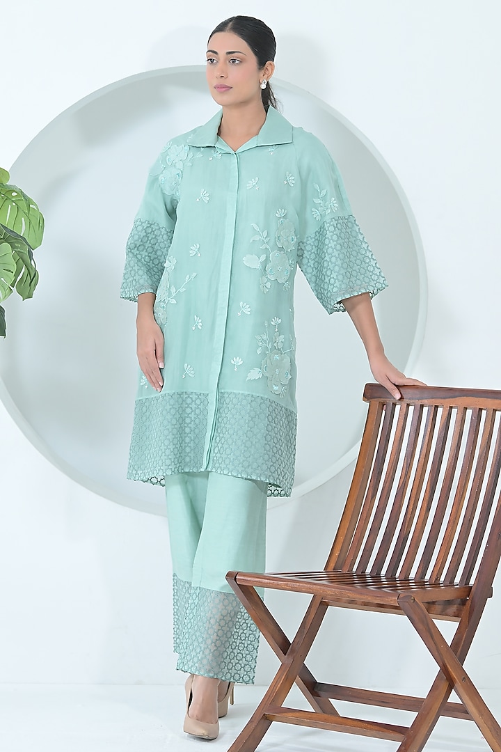 Sea Blue Organza Floral Embroidered Tunic Set by Ruchika and Mallika Pretwear at Pernia's Pop Up Shop
