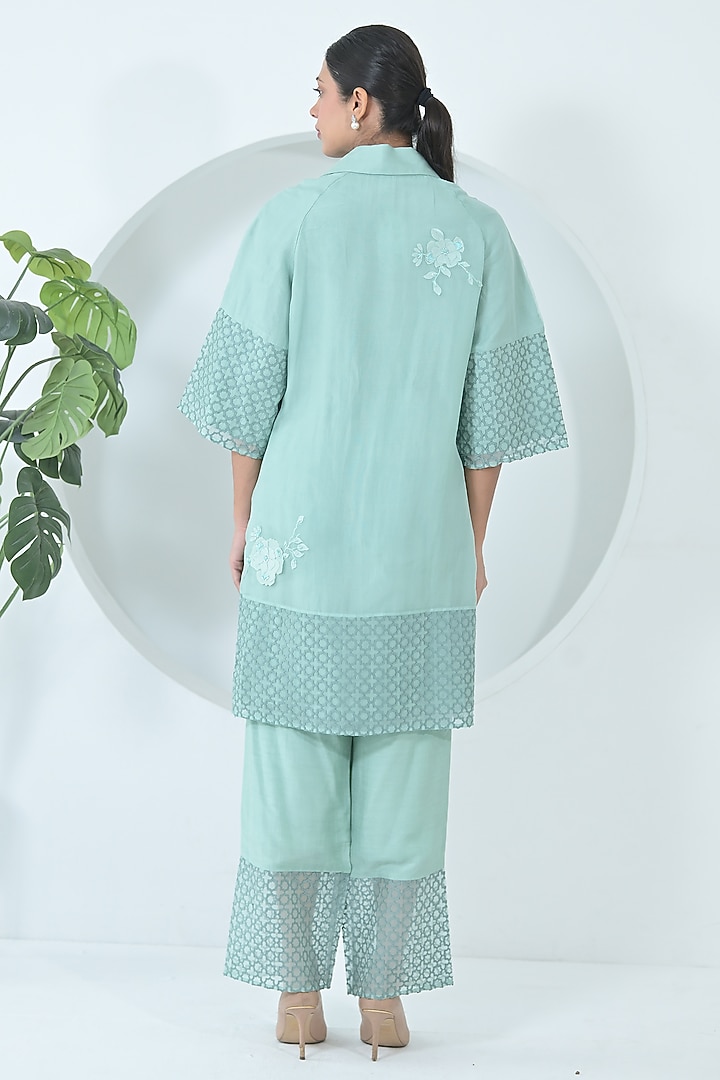 Sea Blue Organza Floral Embroidered Tunic Set by Ruchika and Mallika Pretwear at Pernia's Pop Up Shop