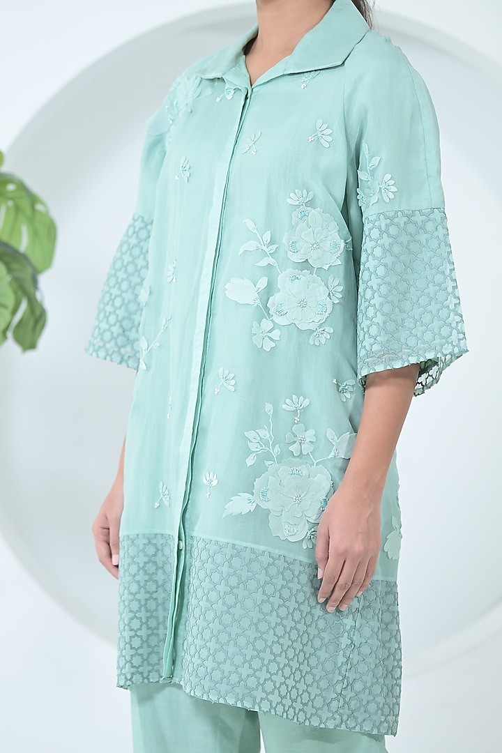 Sea Blue Organza Floral Embroidered Tunic Set by Ruchika and Mallika Pretwear at Pernia's Pop Up Shop