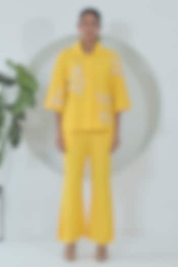 Sun Yellow Linen Floral Embroidered Co-Ord Set by Ruchika and Mallika Pretwear at Pernia's Pop Up Shop