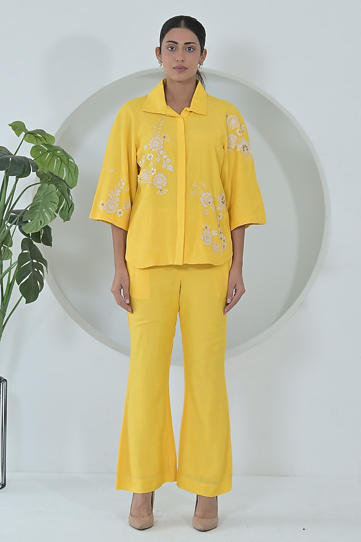 Sun Yellow Linen Floral Embroidered Co-Ord Set by Ruchika and Mallika Pretwear at Pernia's Pop Up Shop