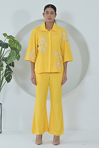 Sun Yellow Linen Floral Embroidered Co-Ord Set by Ruchika and Mallika Pretwear