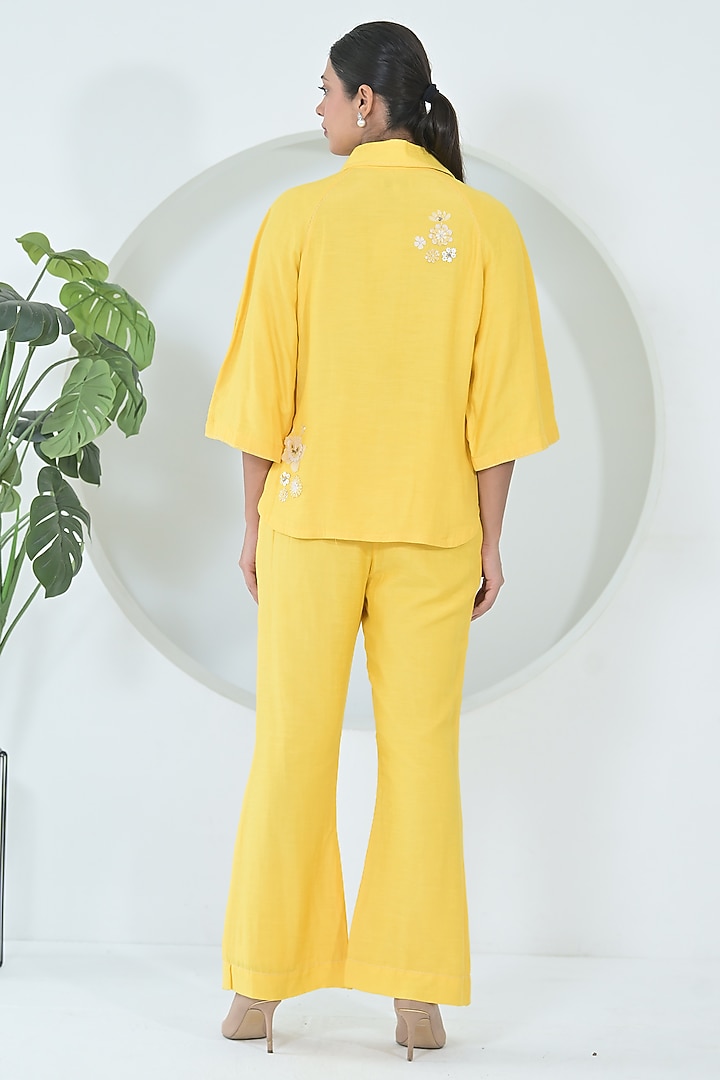 Sun Yellow Linen Floral Embroidered Co-Ord Set by Ruchika and Mallika Pretwear at Pernia's Pop Up Shop