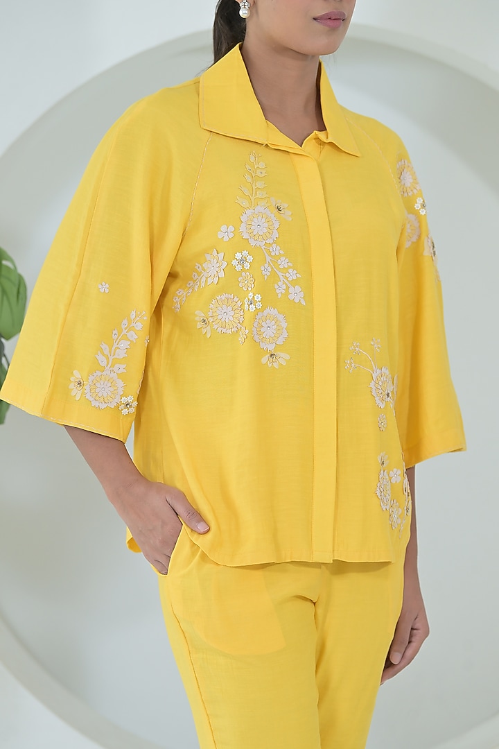 Sun Yellow Linen Floral Embroidered Co-Ord Set by Ruchika and Mallika Pretwear at Pernia's Pop Up Shop