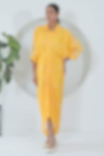 Sun Yellow Modal Satin Bandhani Printed Midi Vacation Dress by Ruchika and Mallika Pretwear at Pernia's Pop Up Shop