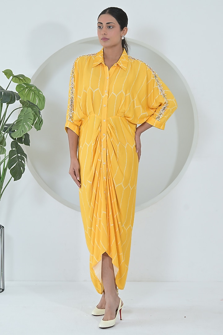 Sun Yellow Modal Satin Bandhani Printed Midi Vacation Dress by Ruchika and Mallika Pretwear at Pernia's Pop Up Shop