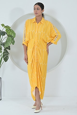 Sun Yellow Modal Satin Bandhani Printed Midi Dress by Ruchika and Mallika Pretwear