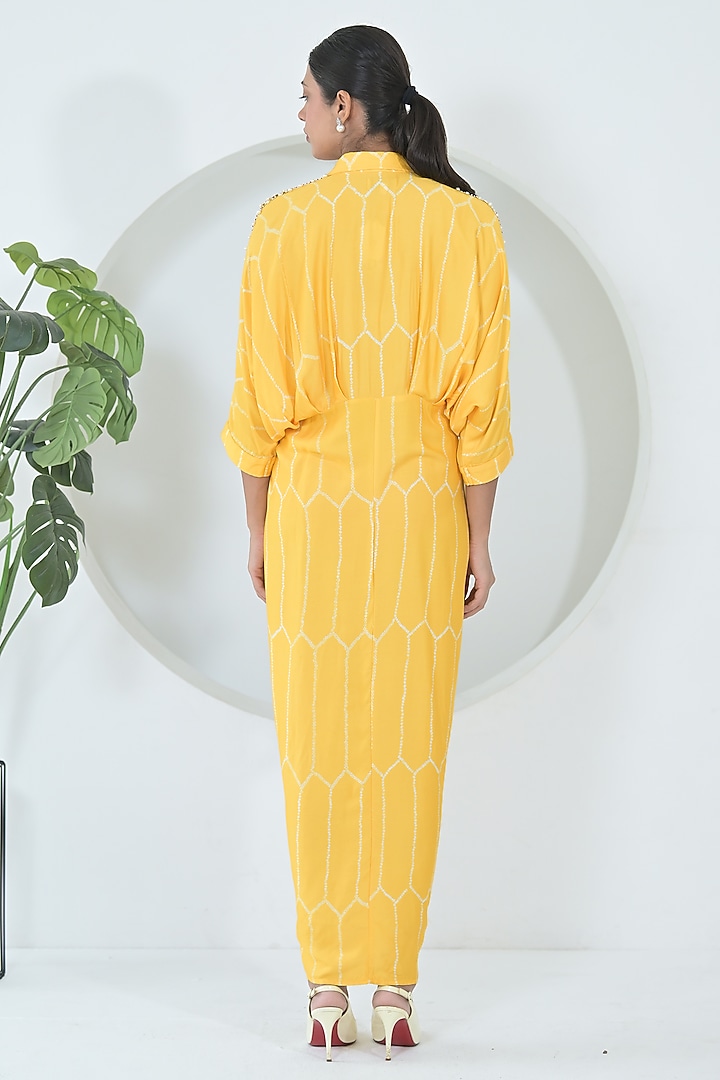 Sun Yellow Modal Satin Bandhani Printed Midi Vacation Dress by Ruchika and Mallika Pretwear at Pernia's Pop Up Shop