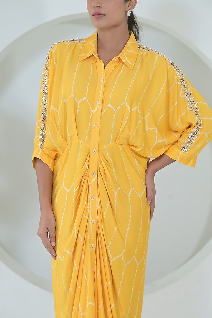 Sun Yellow Modal Satin Bandhani Printed Midi Vacation Dress by Ruchika and Mallika Pretwear at Pernia's Pop Up Shop