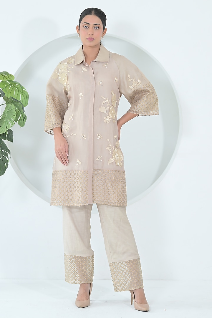 Beige Organza Floral Embroidered Tunic Set by Ruchika and Mallika Pretwear at Pernia's Pop Up Shop