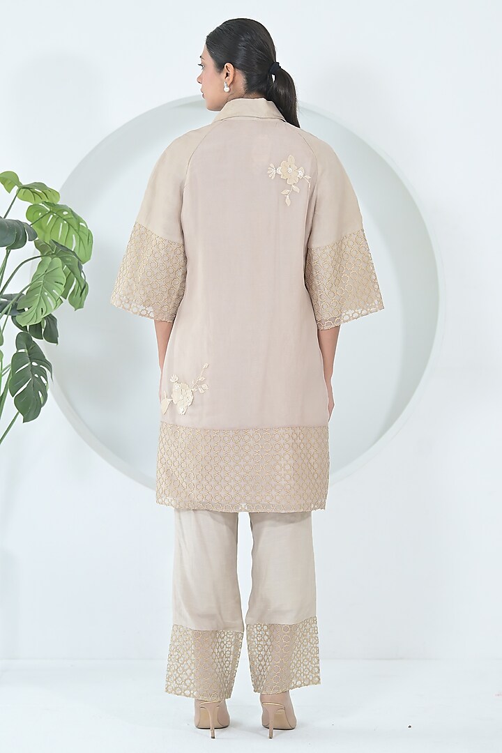 Beige Organza Floral Embroidered Tunic Set by Ruchika and Mallika Pretwear at Pernia's Pop Up Shop