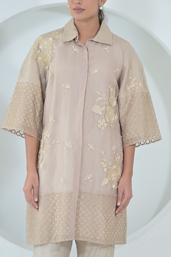 Beige Organza Floral Embroidered Tunic Set by Ruchika and Mallika Pretwear at Pernia's Pop Up Shop