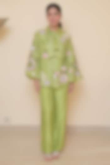 Lime Green Tissue Organza Applique Work Co-Ord Set by Ruchika and Mallika Pretwear at Pernia's Pop Up Shop