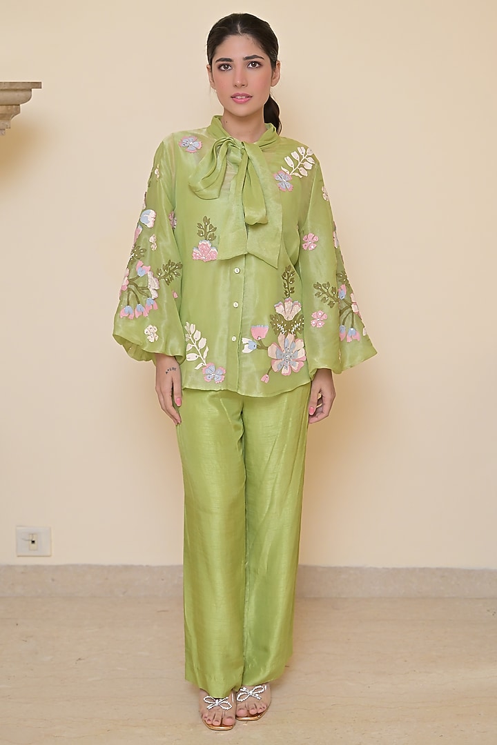 Lime Green Tissue Organza Applique Work Co-Ord Set by Ruchika and Mallika Pretwear at Pernia's Pop Up Shop