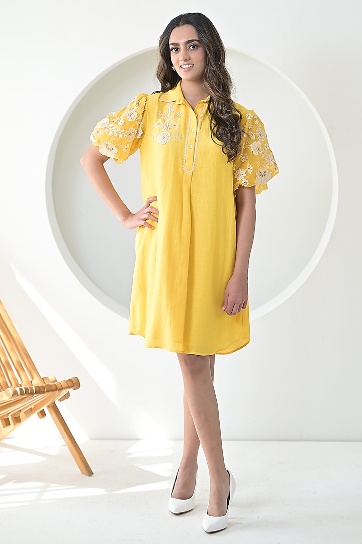 Sun Yellow Linen Applique Work Vacation Dress by Ruchika and Mallika Pretwear at Pernia's Pop Up Shop
