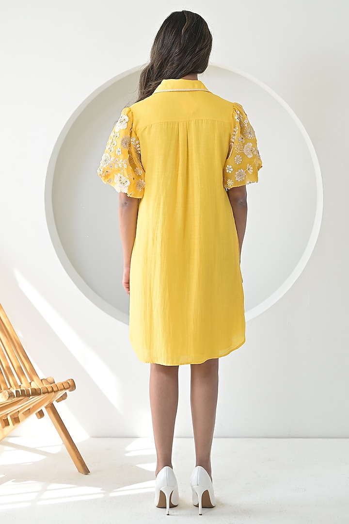 Sun Yellow Linen Applique Work Vacation Dress by Ruchika and Mallika Pretwear at Pernia's Pop Up Shop