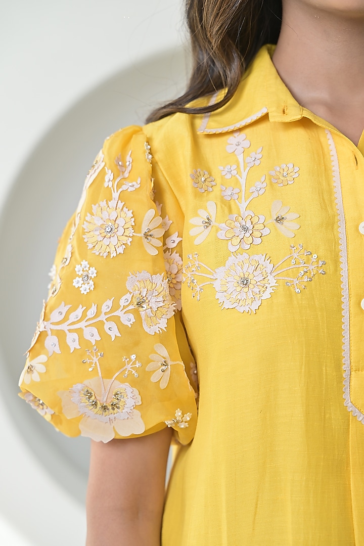 Sun Yellow Linen Applique Work Vacation Dress by Ruchika and Mallika Pretwear at Pernia's Pop Up Shop