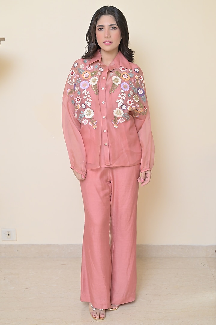 Blush Pink Organza Applique Work Co-Ord Set by Ruchika and Mallika Pretwear at Pernia's Pop Up Shop