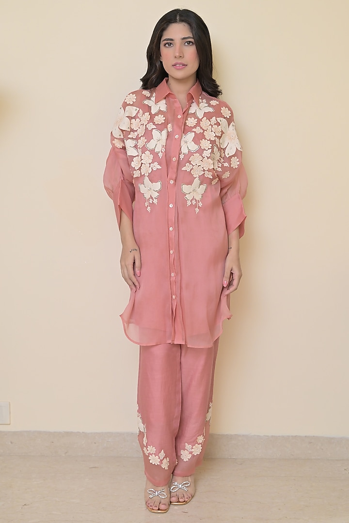 Blush Pink Organza Applique Work Tunic Set by Ruchika and Mallika Pretwear at Pernia's Pop Up Shop