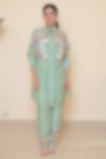 Seal Blue Organza Applique Work Tunic Set by Ruchika and Mallika Pretwear at Pernia's Pop Up Shop